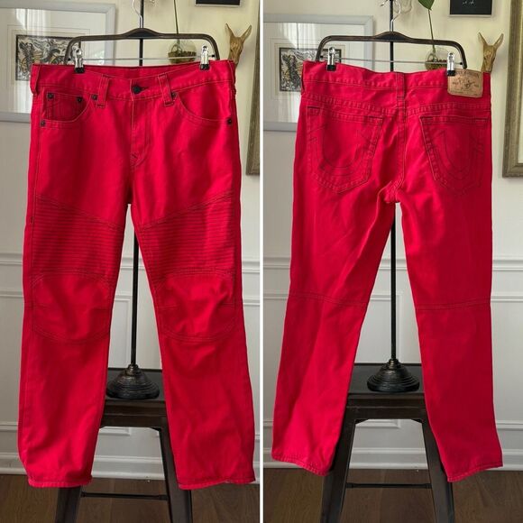 NWOT True Religion Rocco Active Moto Denim Jeans Cho Red Black Stitching $229 36